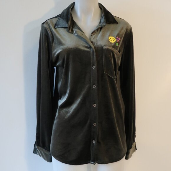 NWT Womens Romi Basha Cosmic Green Multicolor Boho Chic Velvet Shirt Top M - Picture 2 of 11